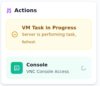 Actions kutusunda VM Task in Progress uyarısı ve Console bağlantısı.