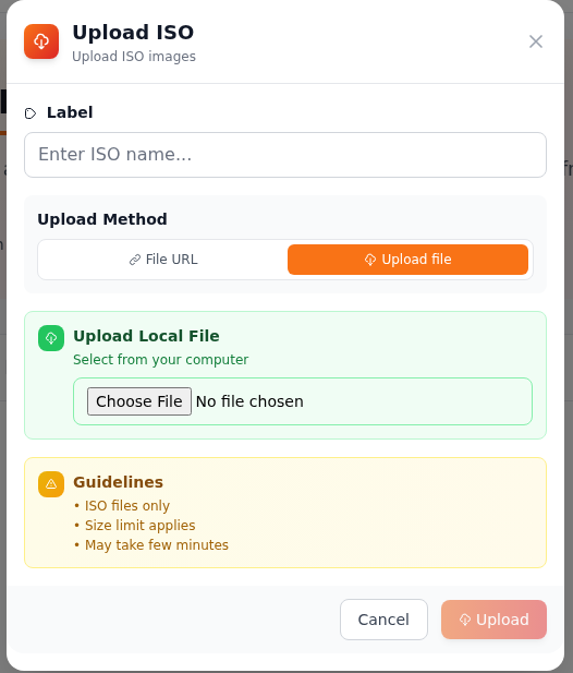 Upload file sekmesinde Choose File düğmesini ve henüz dosya seçilmediğini gösteren ISO yükleme formu.