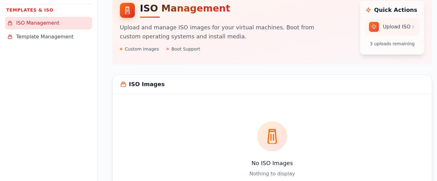 DCHost müşteri portalında ISO Management menüsü, Upload ISO düğmesi ve boş ISO listesi.