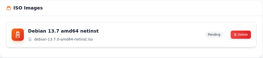Debian ISO dosyasının adı ve Pending durumunu gösteren ISO Images listesi.