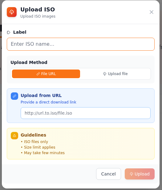 ISO yükleme penceresinde Label, File URL, Upload file ve doğrudan indirme bağlantısı alanları.