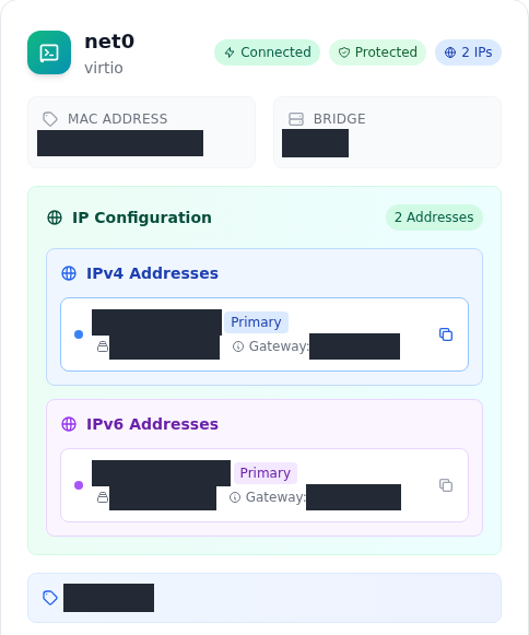 DCHost müşteri portalında Network Interfaces kartı; hizmete ait ağ değerleri gizlenmiştir.