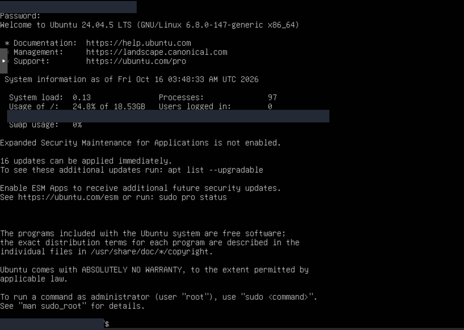 Kurulu Ubuntu sisteminde ilk oturumu açın; gerçek Ubuntu Server konsolu.