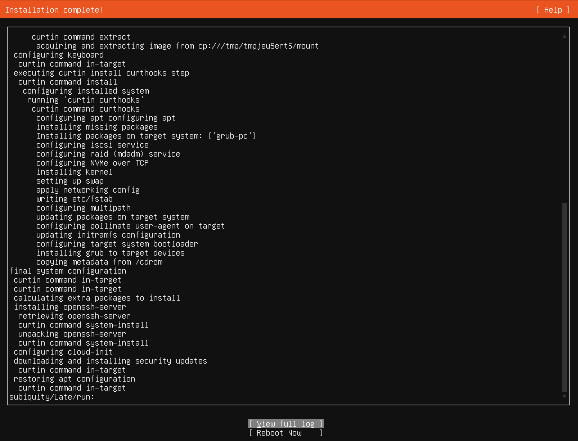 Kurulumun tamamlandığını doğrulayın; gerçek Ubuntu Server kurulum ekranı.