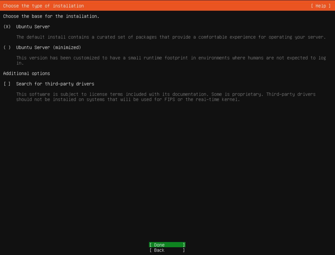 Ubuntu Server kurulum türünü seçin; gerçek Ubuntu Server kurulum ekranı.