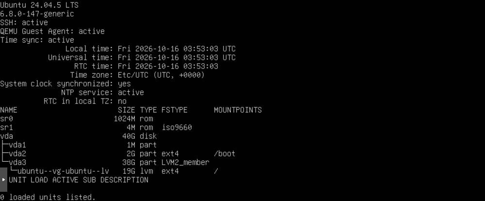 Kurulum sonrası servis, saat ve disk kontrollerini yapın; gerçek Ubuntu Server konsolu.
