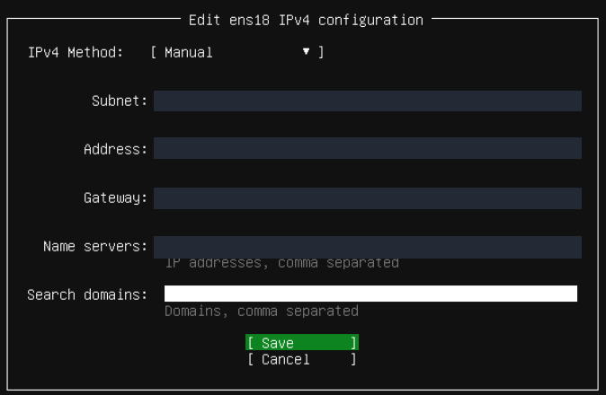 Manual IPv4 formunu hizmetinizin ağ değerleriyle tamamlayın; gerçek Ubuntu Server kurulum ekranı.