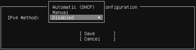 IPv4 yöntemi olarak Manual seçin; gerçek Ubuntu Server kurulum ekranı.