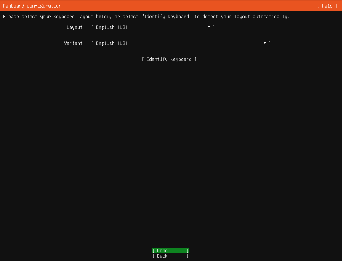 Klavye düzenini kontrol edin; gerçek Ubuntu Server kurulum ekranı.
