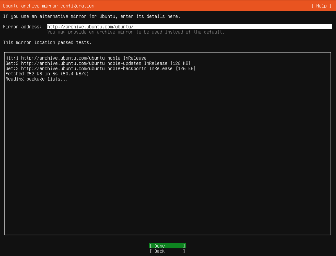 Ubuntu paket kaynağı testinin geçtiğini doğrulayın; gerçek Ubuntu Server kurulum ekranı.