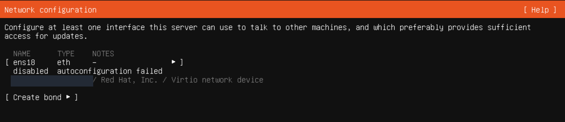 Otomatik ağ yapılandırmasının sonucunu kontrol edin; gerçek Ubuntu Server kurulum ekranı.