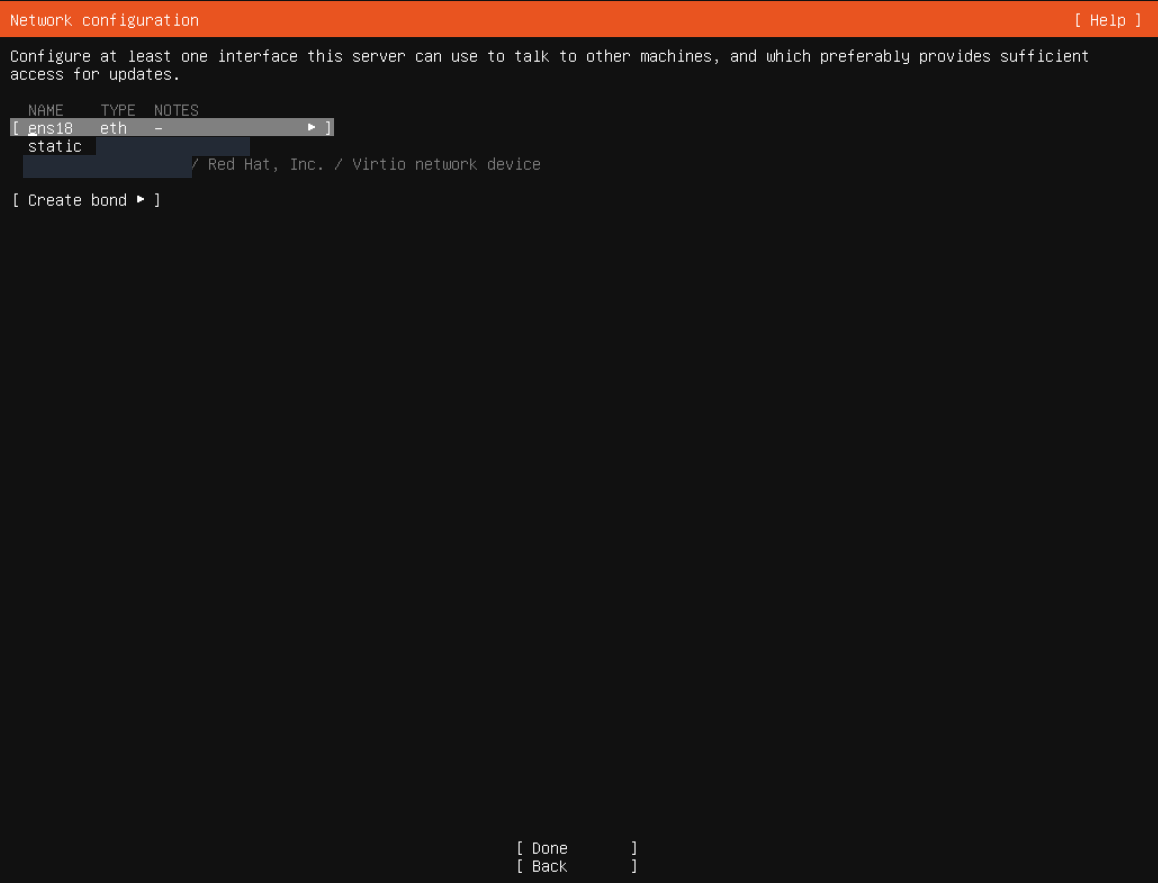 Statik ağ ayarının kaydedildiğini doğrulayın; gerçek Ubuntu Server kurulum ekranı.