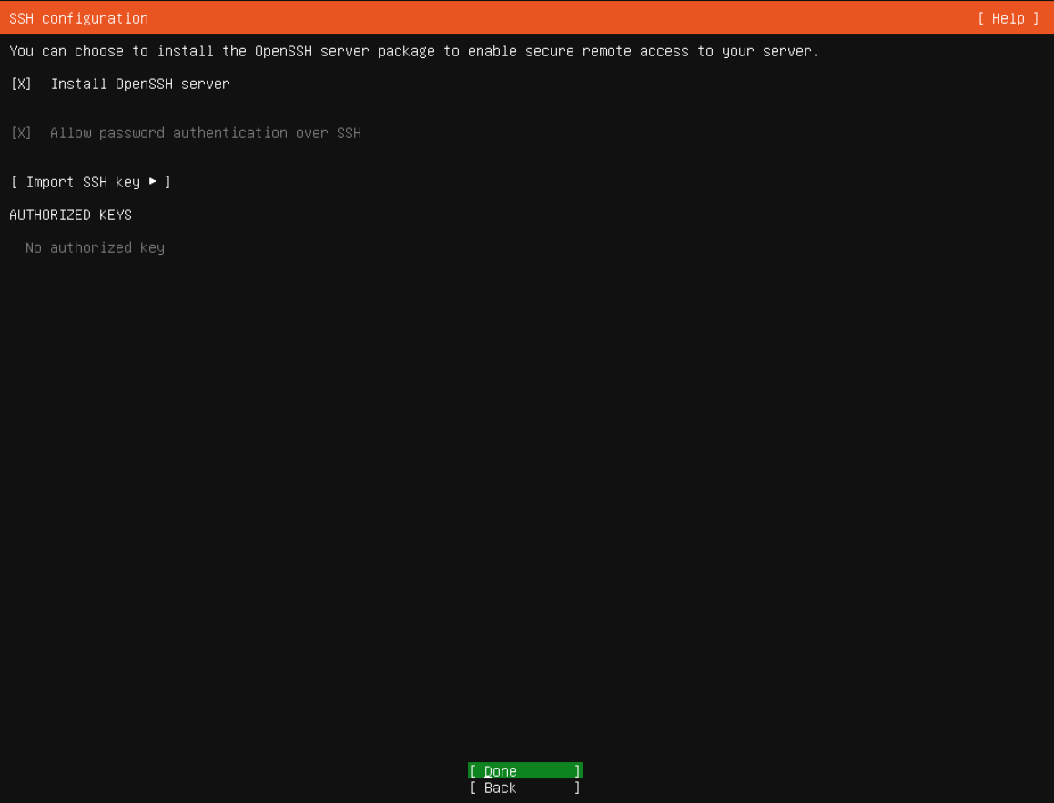 OpenSSH sunucusunu seçin ve erişim yöntemini kontrol edin; gerçek Ubuntu Server kurulum ekranı.
