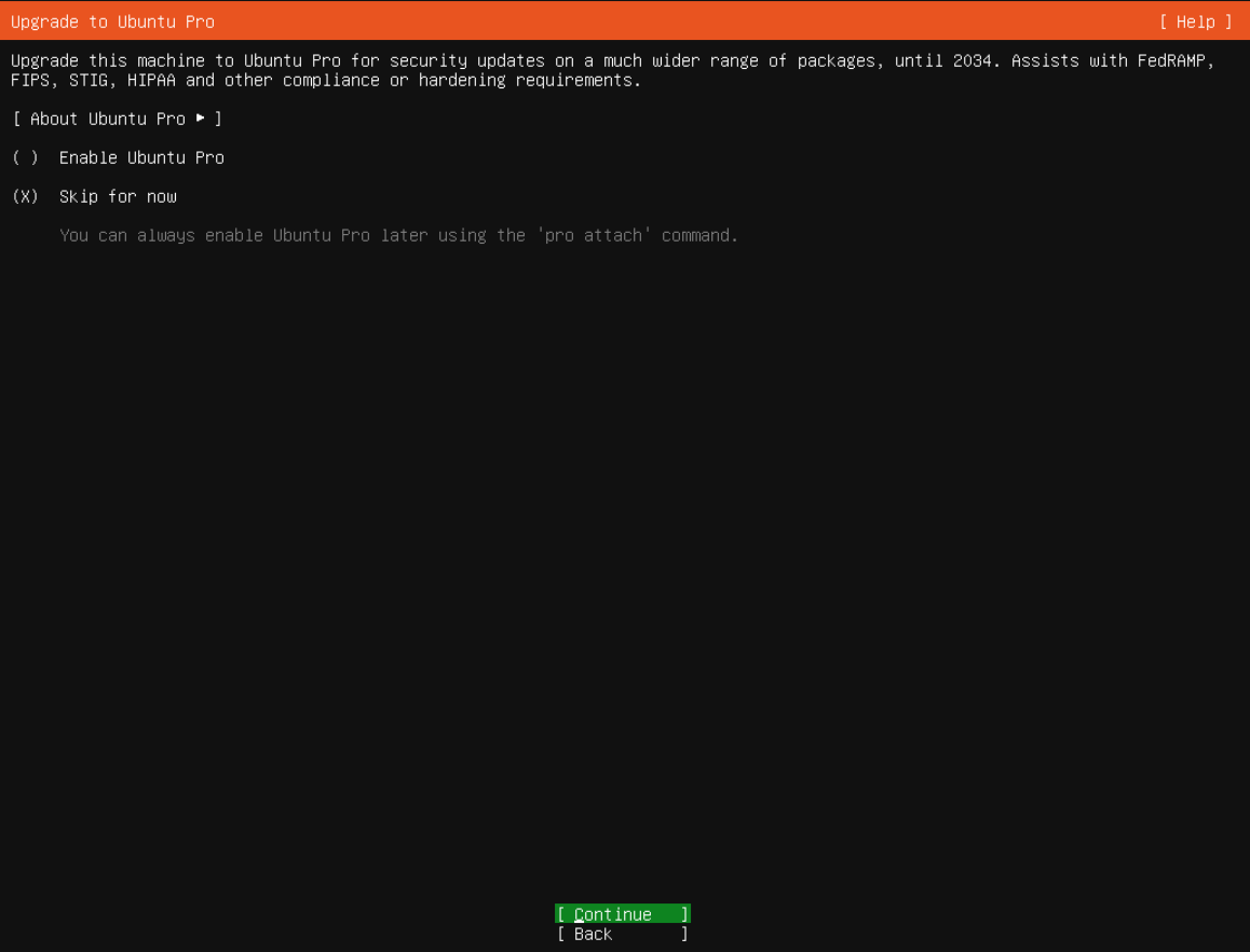 Ubuntu Pro adımını bu kurulum için atlayın; gerçek Ubuntu Server kurulum ekranı.