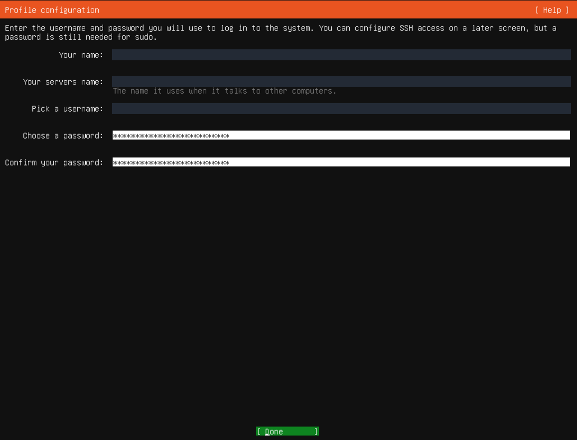 Oturum açma hesabını ve sunucu adını oluşturun; gerçek Ubuntu Server kurulum ekranı.
