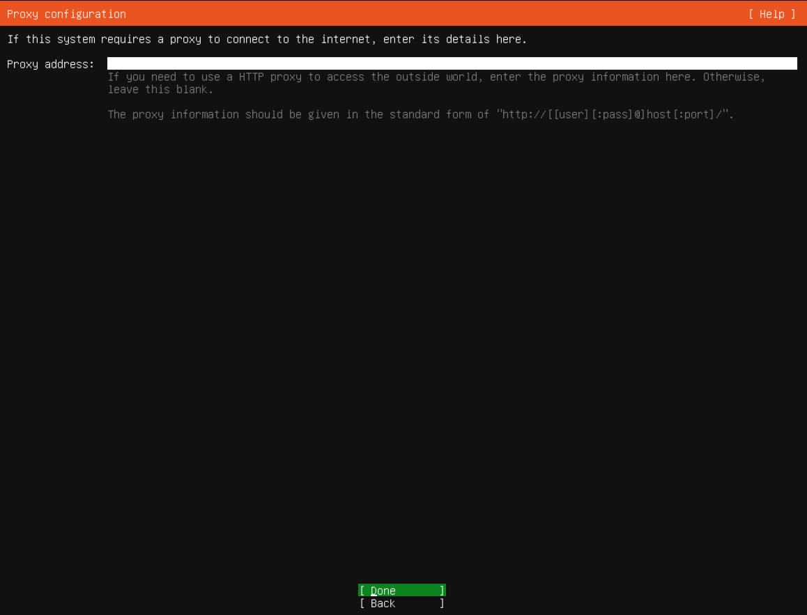 Proxy gerekmiyorsa adres alanını boş bırakın; gerçek Ubuntu Server kurulum ekranı.