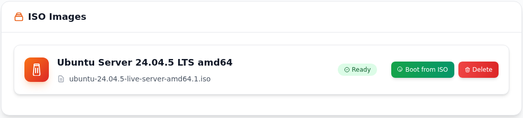 Ubuntu ISO kaydının Ready durumuna geldiğini doğrulayın; gerçek DCHost müşteri portalı ekranı.