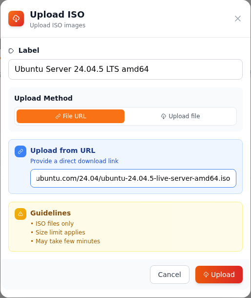 Ubuntu Server ISO dosyasını yükleme formunu doldurun; gerçek DCHost müşteri portalı ekranı.