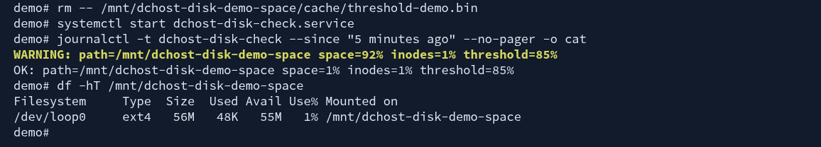 Actual terminal removing the demo load file, manually starting the check service, reading a new OK journal entry and confirming 1% space usage with df.