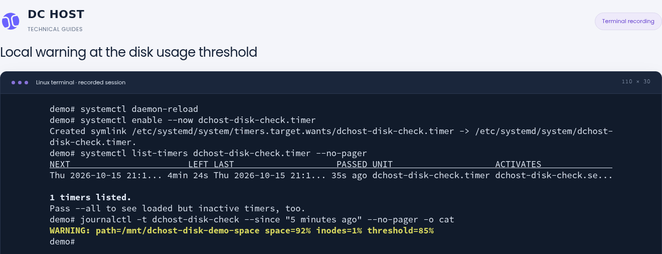 Actual systemd timer and local journal output with WARNING: 92% space usage, 1% inode usage and an 85% threshold.