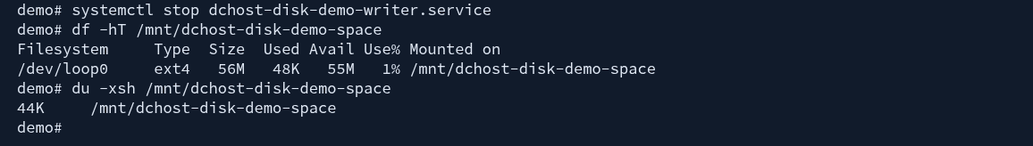 Actual systemctl stop targeting only dchost-disk-demo-writer.service, followed by df showing 48K and 1% used while du remains 44K.