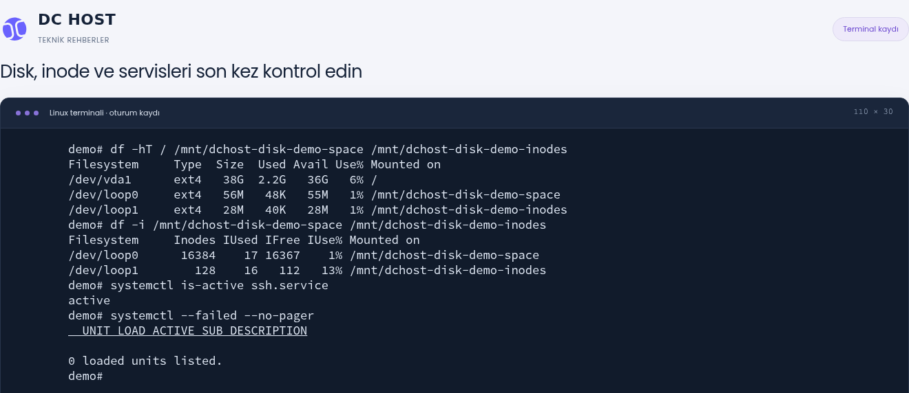 Gerçek son kontrolde kök disk yüzde 6, iki demo dosya sistemi yüzde 1 alan kullanımı; SSH active ve systemctl başarısız birim listesinde sıfır sonuç.