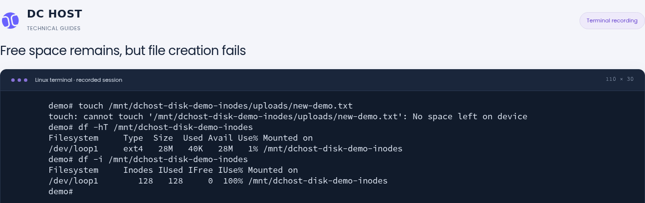 Actual touch error and df output: 28M of free space, but all 128 inodes are used, IFree is 0 and IUse% is 100.