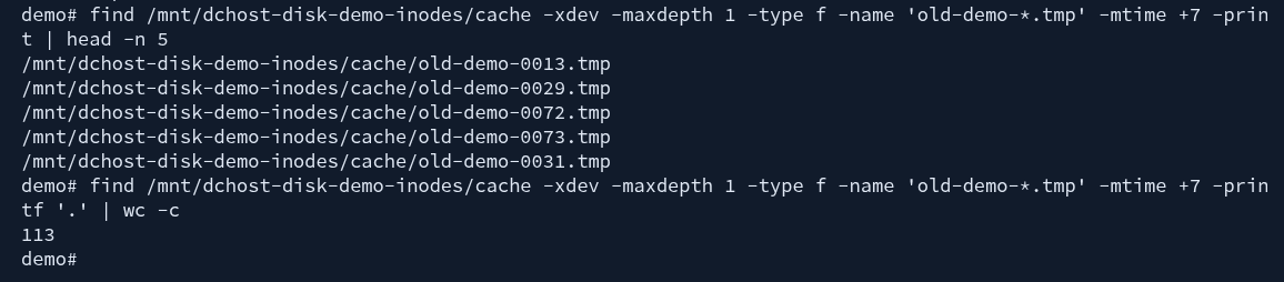 Actual find output with five sample old-demo filenames and a count of 113 matching files.