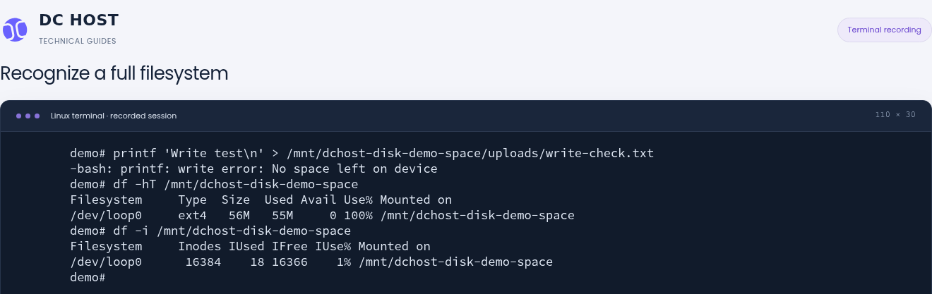 Actual Linux terminal showing No space left on device, 100% space usage, zero available space and 1% inode usage.