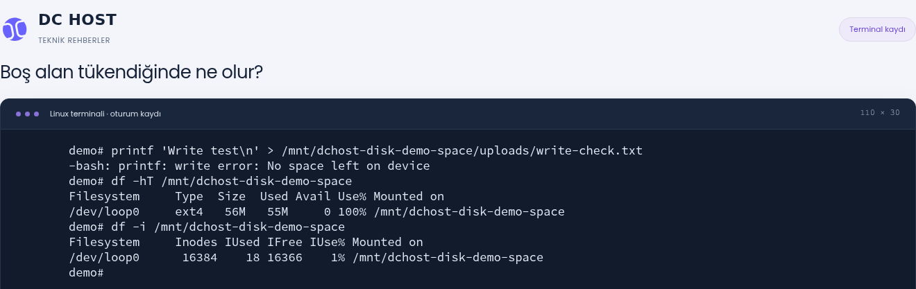 Gerçek Linux terminalinde No space left on device hatası, yüzde 100 alan kullanımı, sıfır kullanılabilir alan ve yüzde 1 inode kullanımı.