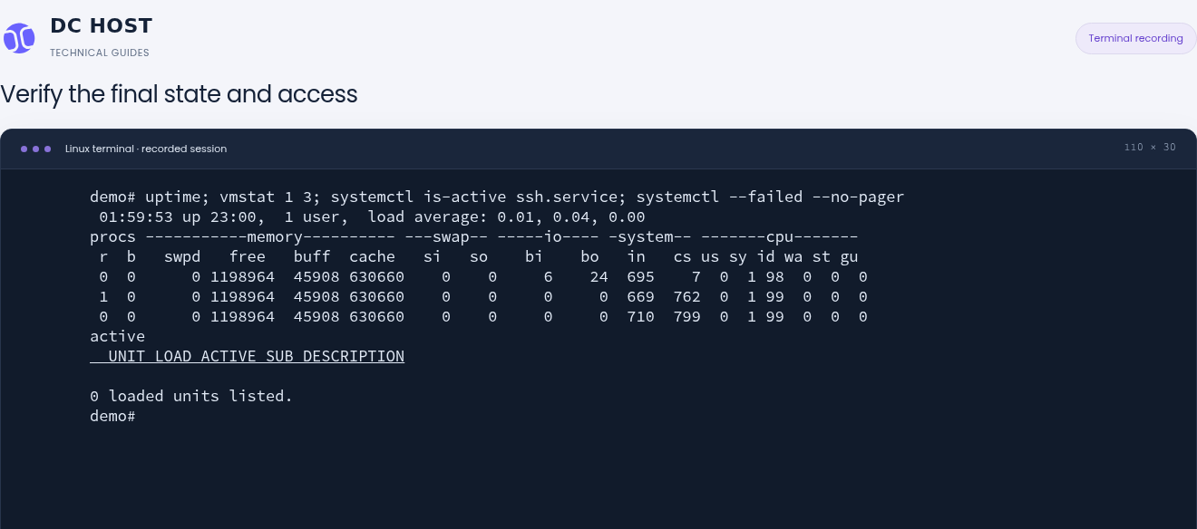 Actual final check showing 99 percent idle CPU, active SSH and zero failed systemd units.