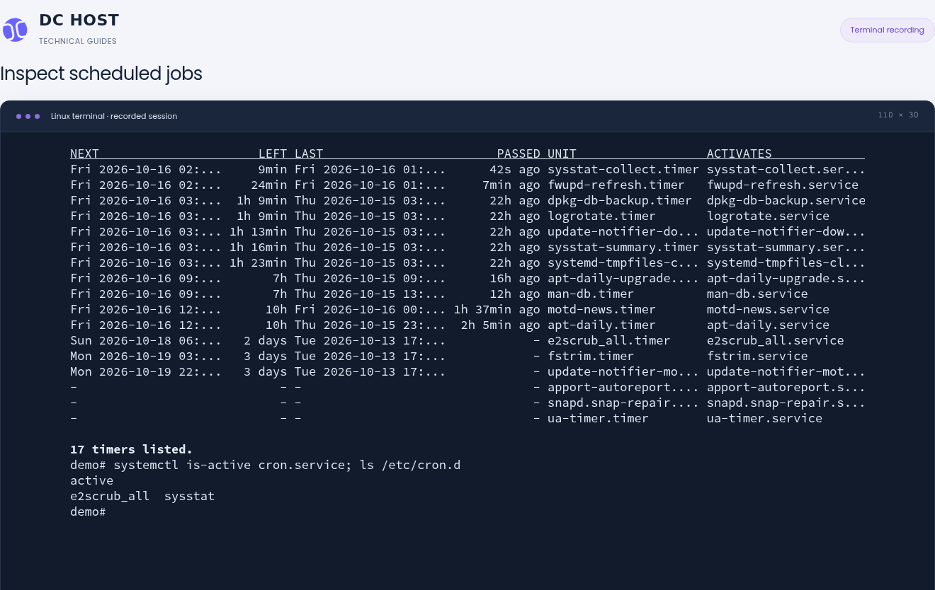 Actual systemd timer list, active cron service and task files in cron.d.