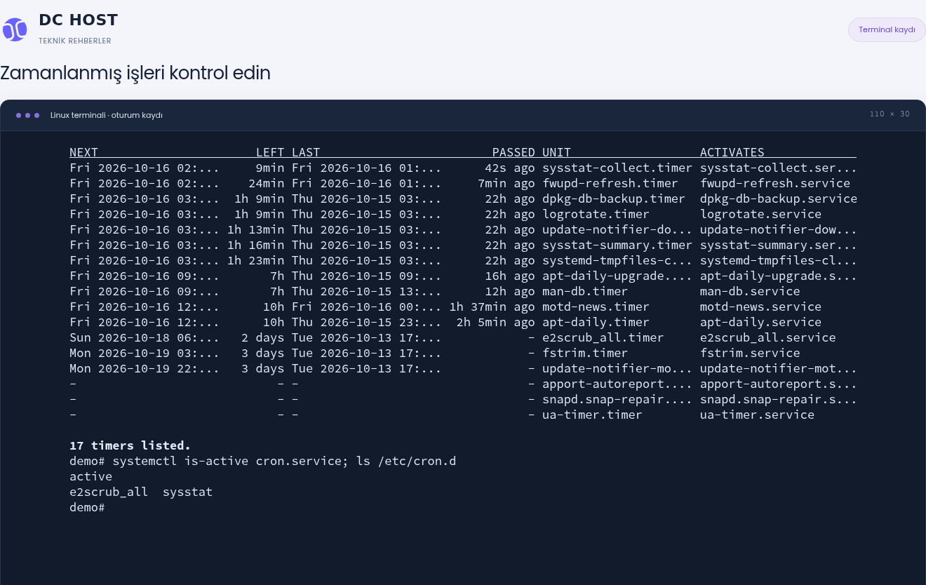 Gerçek systemd zamanlayıcı listesi, etkin cron servisi ve cron.d içindeki görev dosyaları.