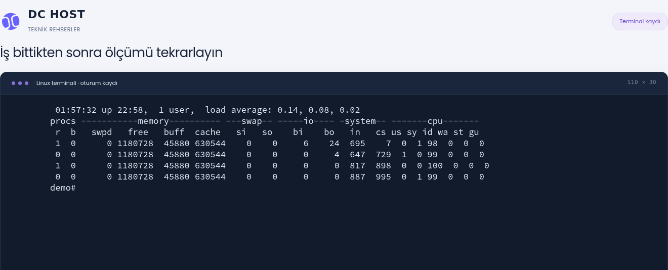 Gerçek son aralık örneklerinde yüzde 99–100 idle CPU ve 0,14, 0,08, 0,02 yük ortalamaları.