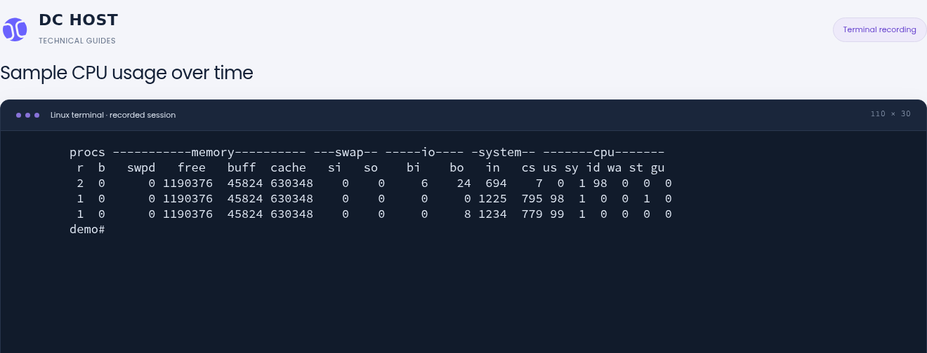Actual vmstat output with 98–99 percent user CPU time and zero idle CPU time in the last two samples.