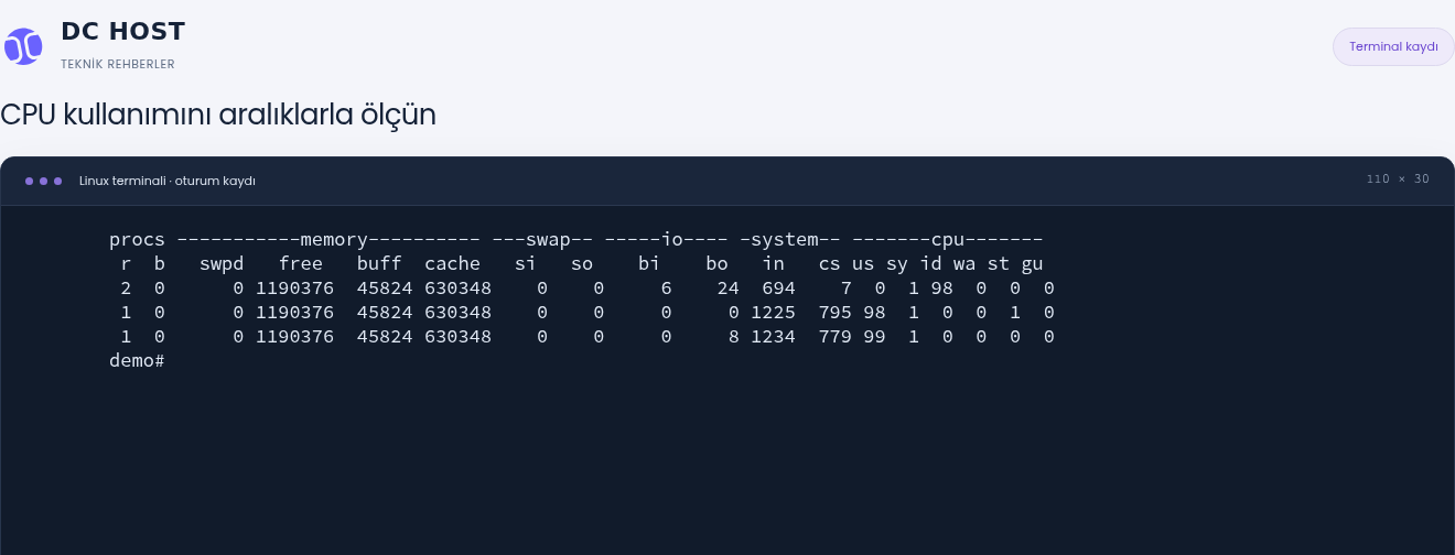 Gerçek vmstat çıktısında son iki örnekte yüzde 98–99 kullanıcı CPU zamanı ve sıfır boş CPU zamanı.