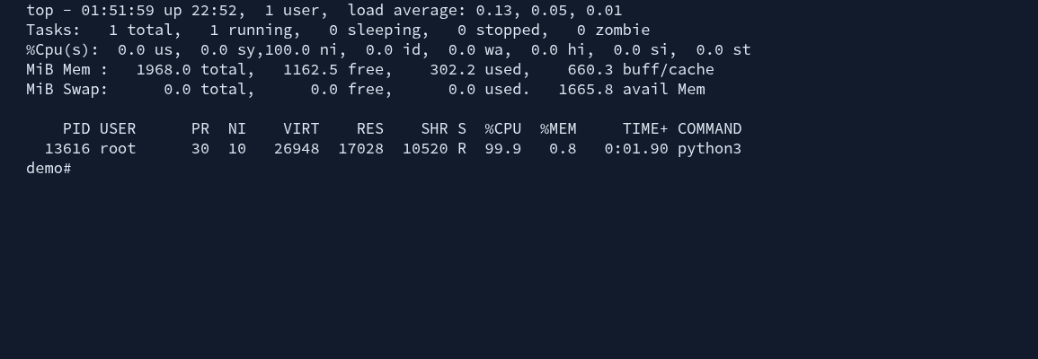 Gerçek ikinci top örneğinde nice öncelikli CPU zamanı yüzde 100 ve demo süreci CPU kullanımı yüzde 99,9.