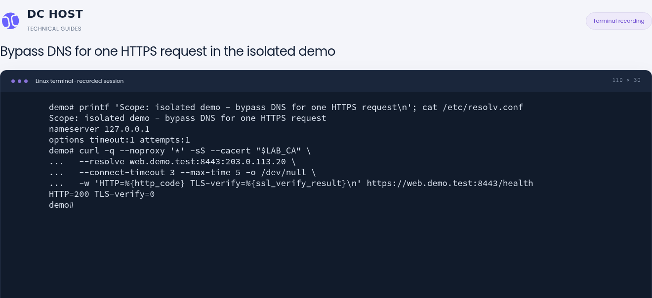 Isolated demo output with --resolve web.demo.test:8443:203.0.113.20 reports HTTP=200 TLS-verify=0.