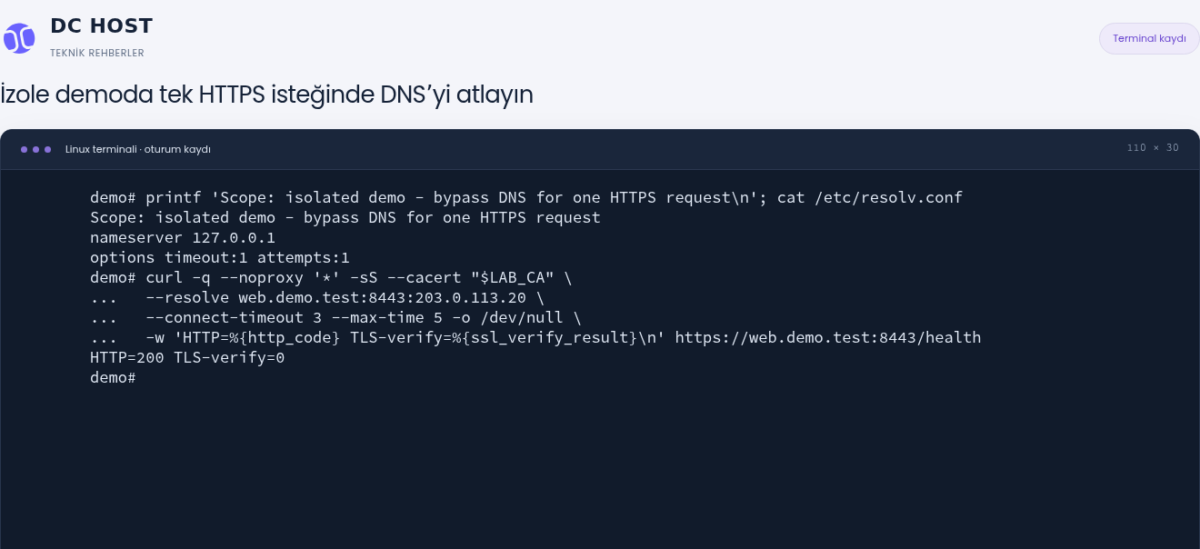 İzole demoda --resolve web.demo.test:8443:203.0.113.20 ile HTTP=200 TLS-verify=0 sonucu.