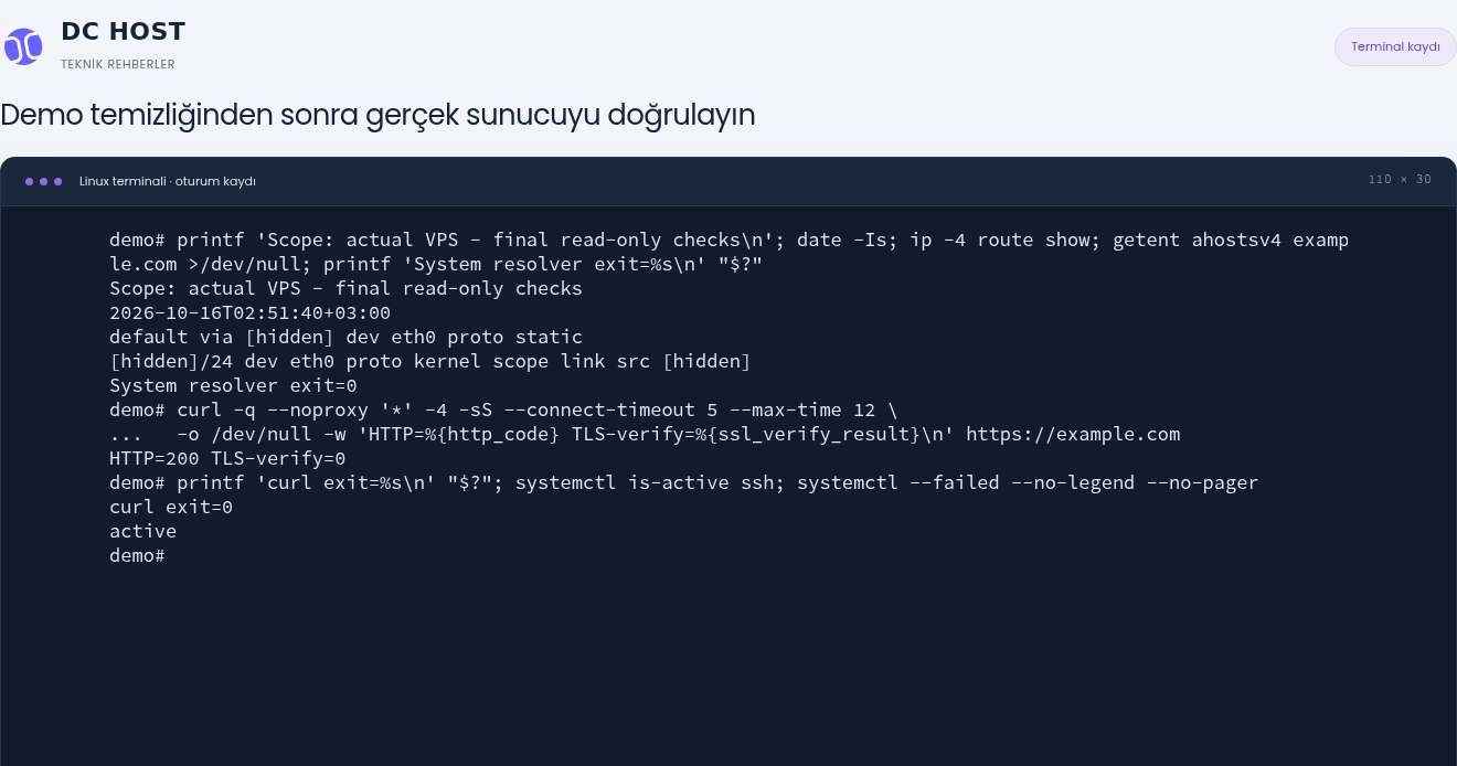 Gerçek VPS son kontrolünde System resolver exit=0, example.com için HTTP=200 TLS-verify=0, curl exit=0 ve SSH active.