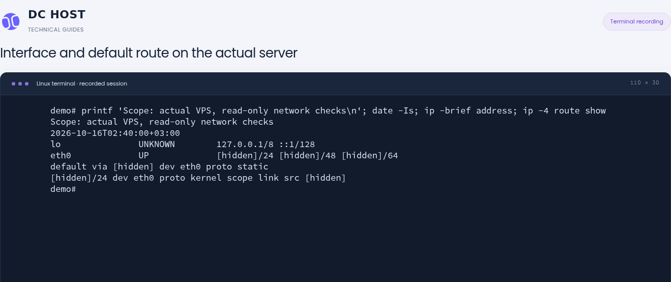 Actual ip output shows eth0 as UP and a default IPv4 route through eth0.