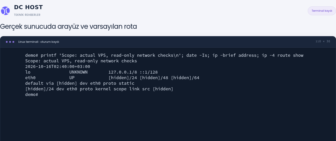 Gerçek ip çıktısında eth0 arayüzü UP ve eth0 üzerinden bir varsayılan IPv4 rota görünüyor.