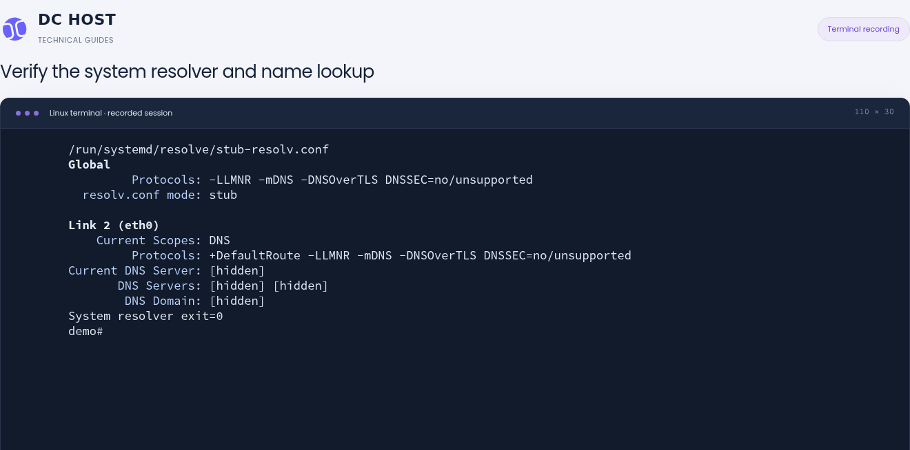 Actual output shows the systemd-resolved stub file, stub mode and exit=0 for a successful system resolver check.