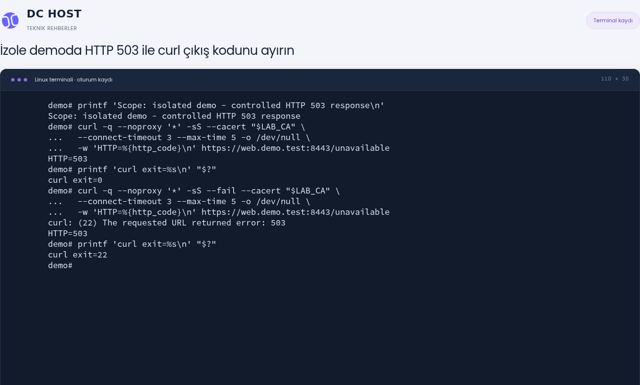 İzole demoda HTTP=503 ilk istekte curl exit=0, --fail kullanılan ikinci istekte curl exit=22 ile görülüyor.