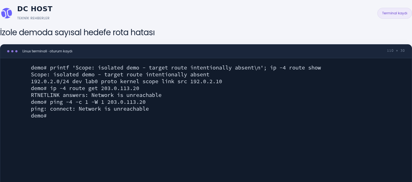 İzole demoda sayısal hedef için ip route get ve ping Network is unreachable hatası veriyor.