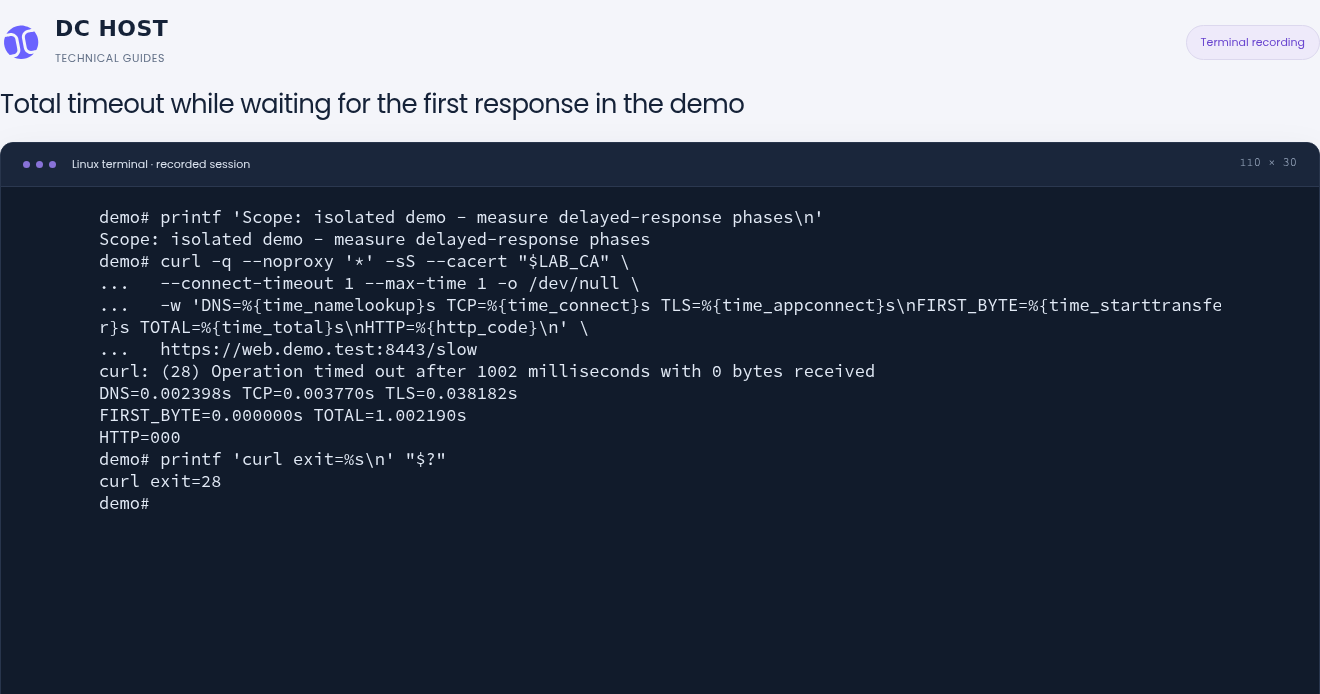 The isolated demo records DNS, TCP and TLS times; FIRST_BYTE=0.000000s, TOTAL=1.002190s, HTTP=000 and curl exit=28.