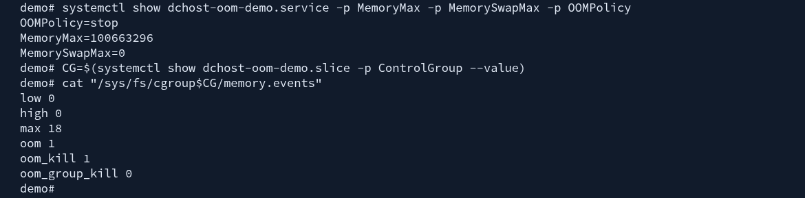 Gerçek MemoryMax=100663296, MemorySwapMax=0 ve oom_kill 1 değerleri.