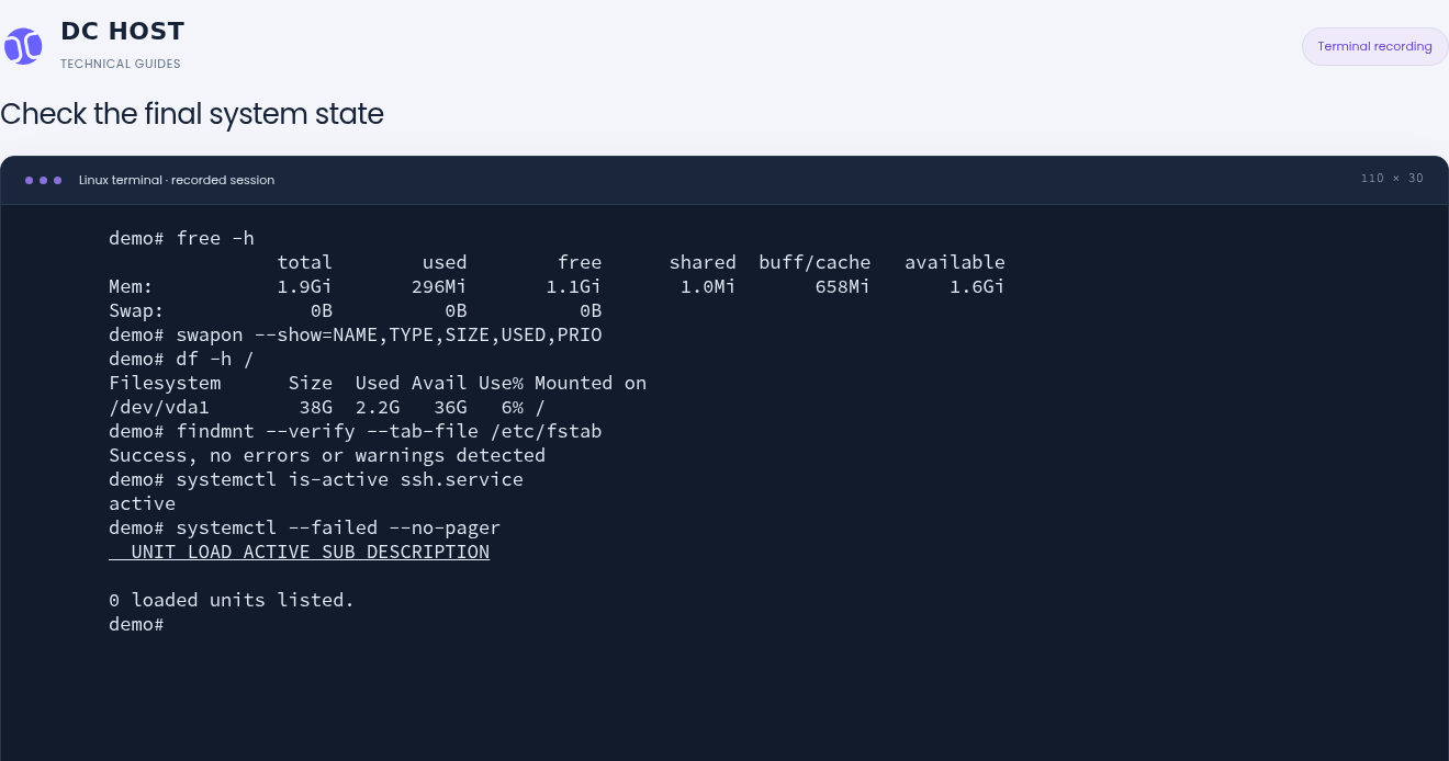 Actual final check showing 1.6 GiB available RAM, zero swap, active SSH and no failed units.