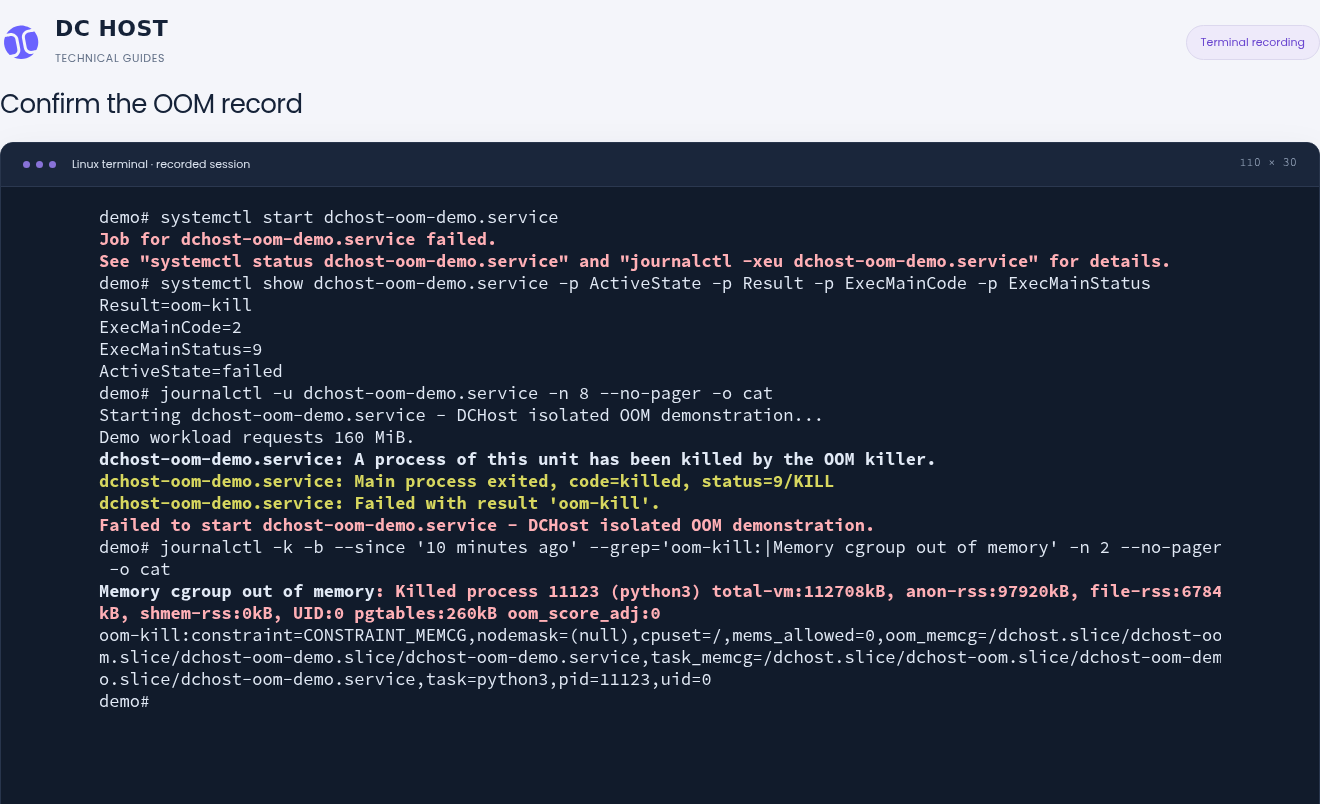 Actual journal records containing an OOM killer message and CONSTRAINT_MEMCG.