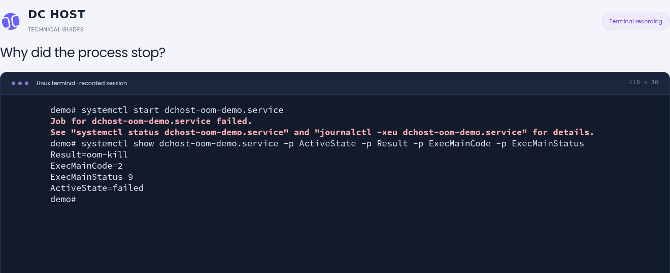 Actual systemctl output with Result=oom-kill, ExecMainStatus=9 and ActiveState=failed.